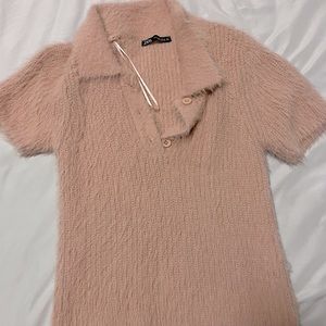 BLUSH PINK ZARA FURRY POLO TOP
